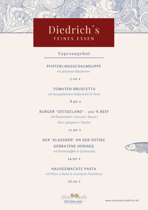 Tagesangebot Speisekarte im Juli Restaurant Diedrichs im Ostseeland