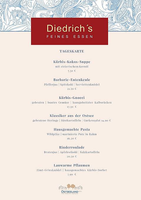 Tageskarte Oktober 2022 Restaurant Diedrichs im Ostseeland