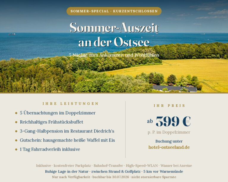 Angebot Sommer-Auszeit im Hotel Ostseeland: 5 Nächte an der Ostsee bei Warnemünde, ab 399 € pro Person